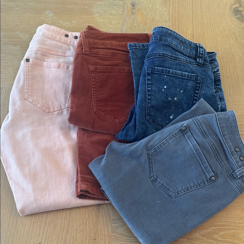 Stylish Women's Cabi Jeans Collection - Coral, Rust, Blue, and Gray